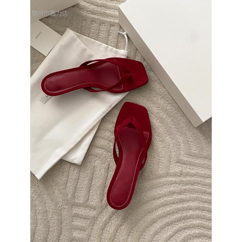 Sheepskin~ Za New Red Leather Cat and Flip-flops for Women In Summer, Wearing Slippers with High Heels and Cool Slippers.