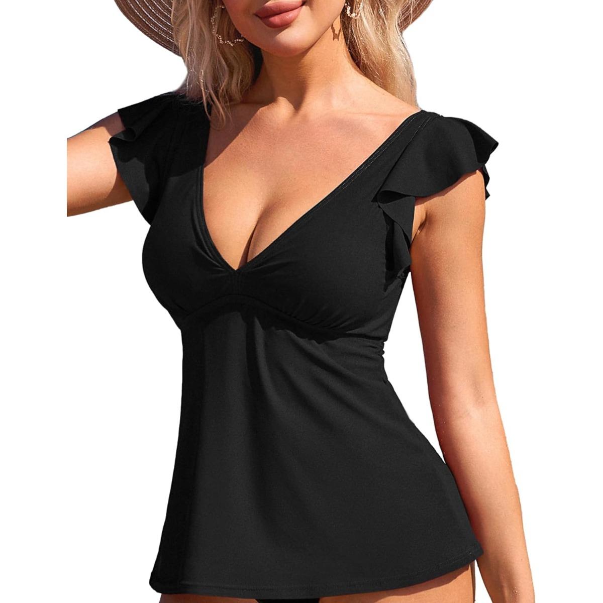 

Charmleaks женский топ-танкини с рюшами на плечах, купальный костюм, топ с v-образным вырезом, купальник, топ, струящаяся майка-бикини M чёрный