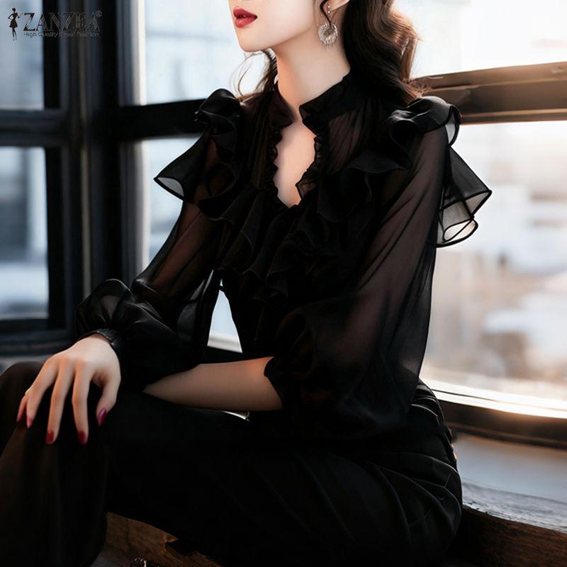 ZANZEA Women Casual V-Neck Long Sleeve Loose See-Through Cover Up Blouse