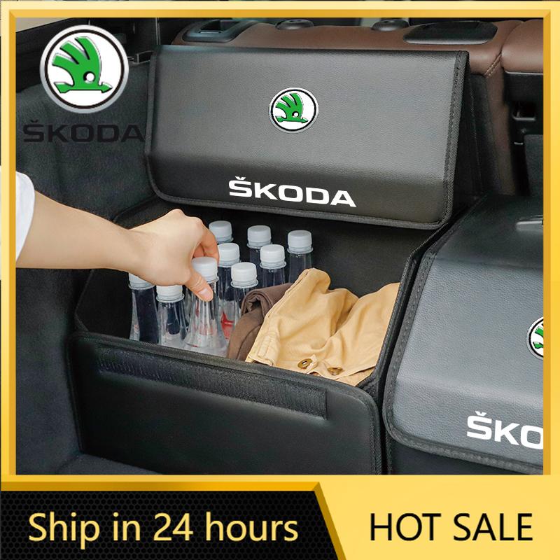 AAAJI1 2026 Gorąca Torba do Przechowywania Bagażnika Samochodowego SKODA Skórzane Pudełko Kempingowe Składane Dla Skoda VRS Octavia Superb Rapid Kodiaq Karoq Fabia K