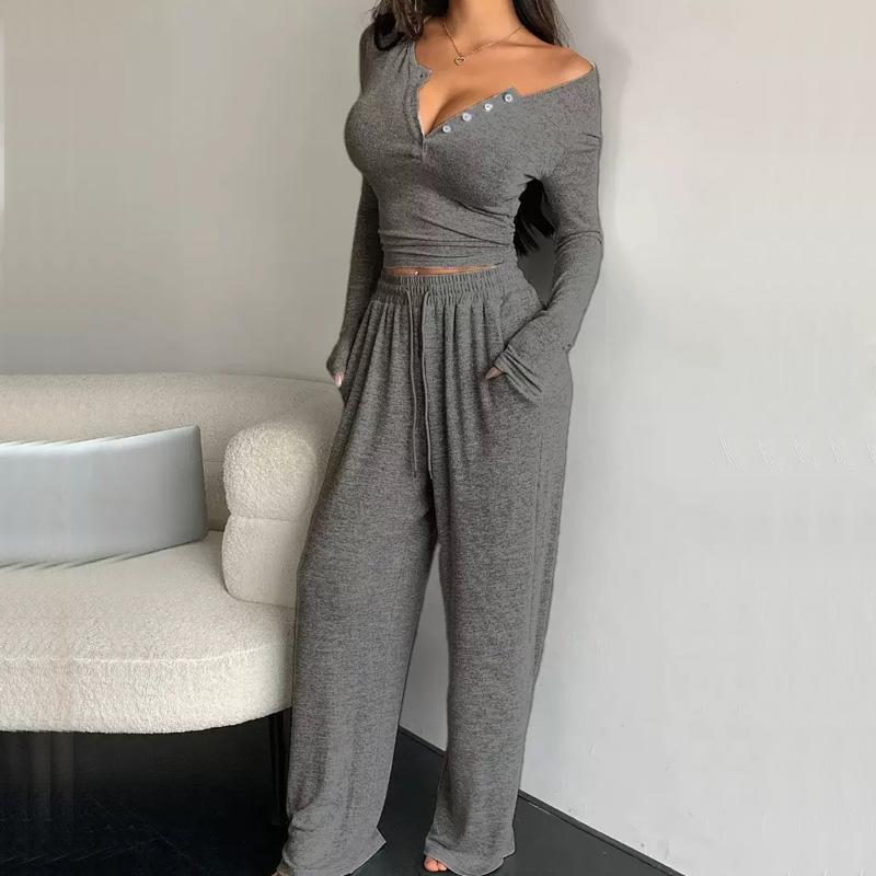 

Весенне-осенний однотонный облегающий пижамный комплект для дома: топы с длинным рукавом и длинные брюки, сексуальный V-образный вырез на пуговицах, двухпредметный пижамный комплект, одежда для сна Y2k S темно серый