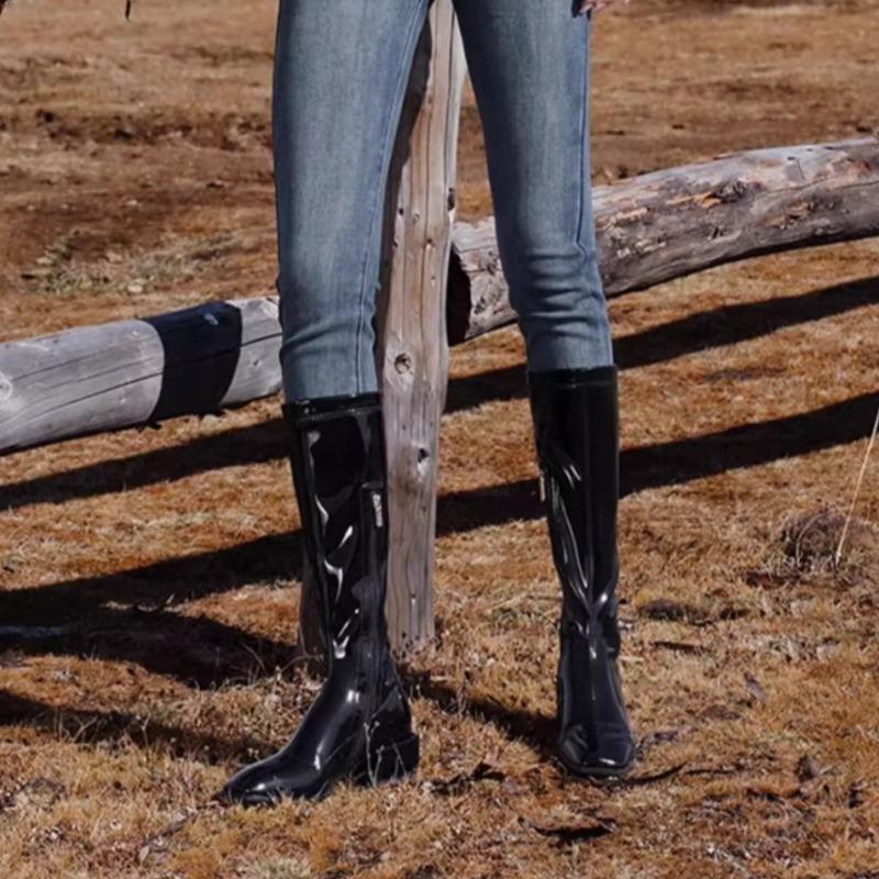 Módní Nové Kozačky Dámská Móda Čtvercová Špička Lakovaná Kůže Boční Zip Protiskluzové Odolné proti Opotřebení Blokový Podpatek Bez Kolene Rytířské Kozačky