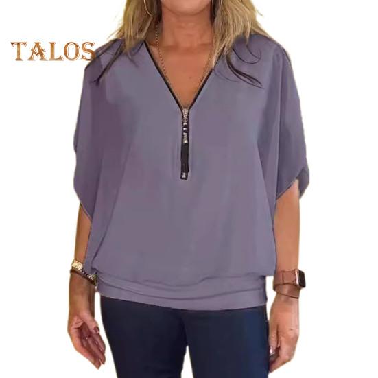 Naiste šifoonpluus V-kaelusega tõmblukk, poolpluus, varrukad, pullover, ühevärvilised vabaaja topid