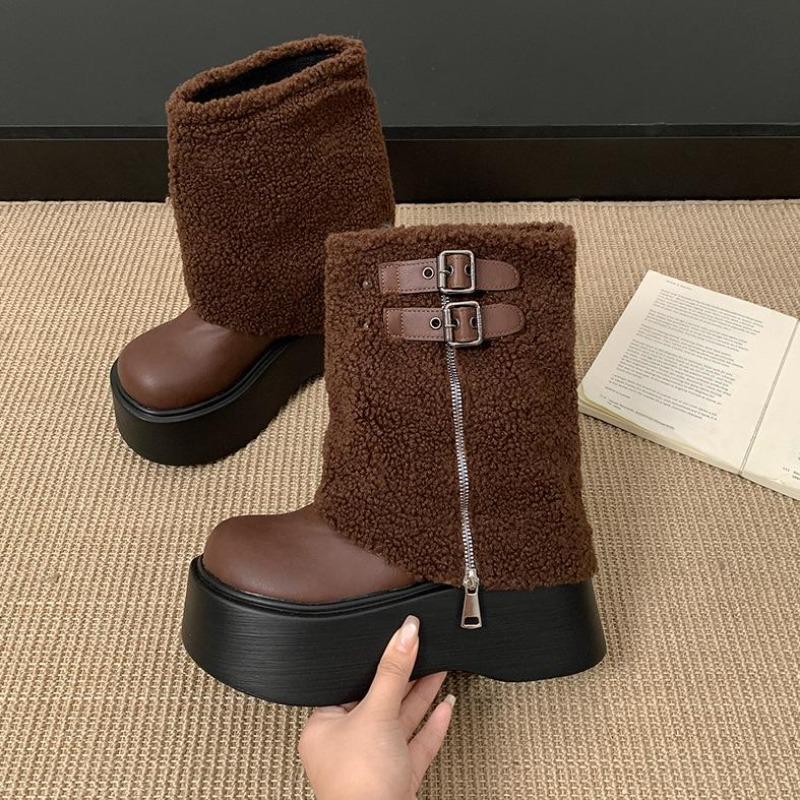 

White British Style Platform Snow Boots Women s Winter Warm Chunky Sole Height Increasing Ankle Boots Fashion Casual Footwear 35 коричневый