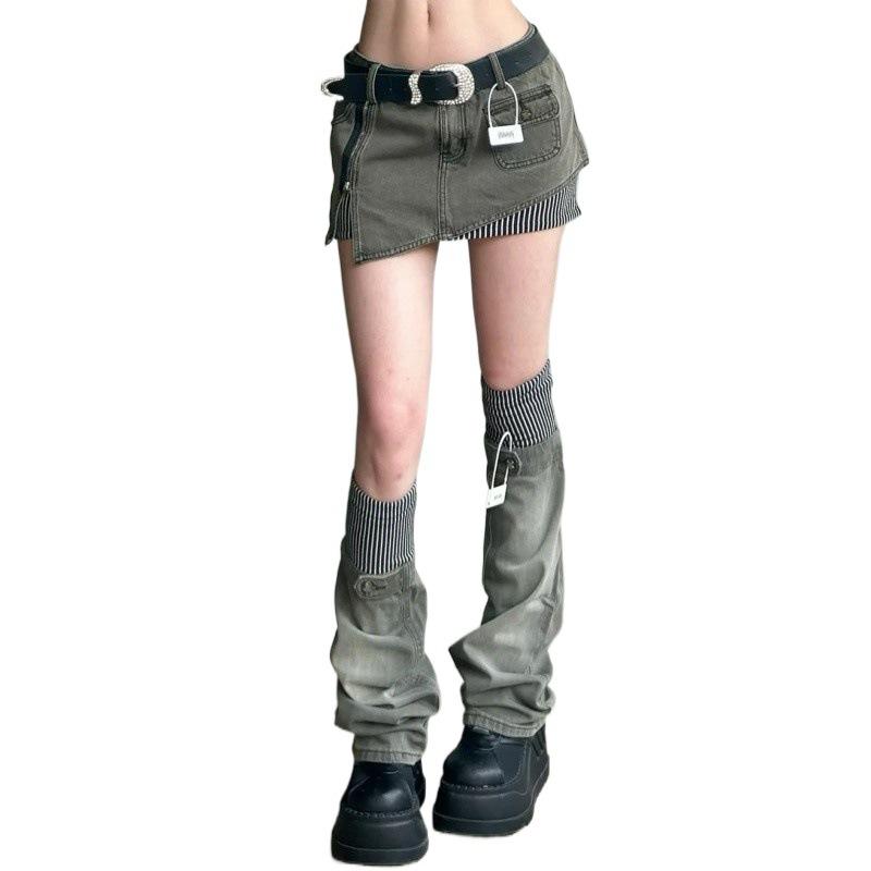 

Американский ретро-узорчатый лоскутный джинсовый костюм с полуюбкой для женщин Y2K нестандартная короткая юбка, прикрывающая ноги, комплект из двух предметов M синий