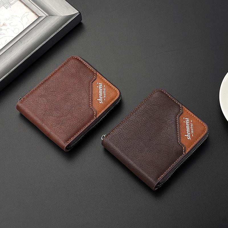 Men’s PU Leather Zip Around 3 Folding Wallet RFID Card Holder ID Window Coin Pocket Short Compact Wallet Cash Purse