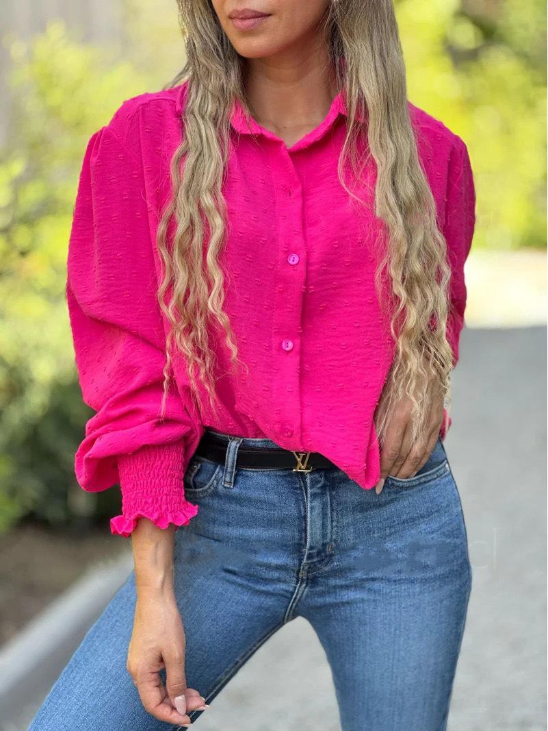 

Women s Versatile Solid Color Long Sleeve Shirt, Spring/Autumn Commute Style with Turn-down Collar and Buttons Large розы красного