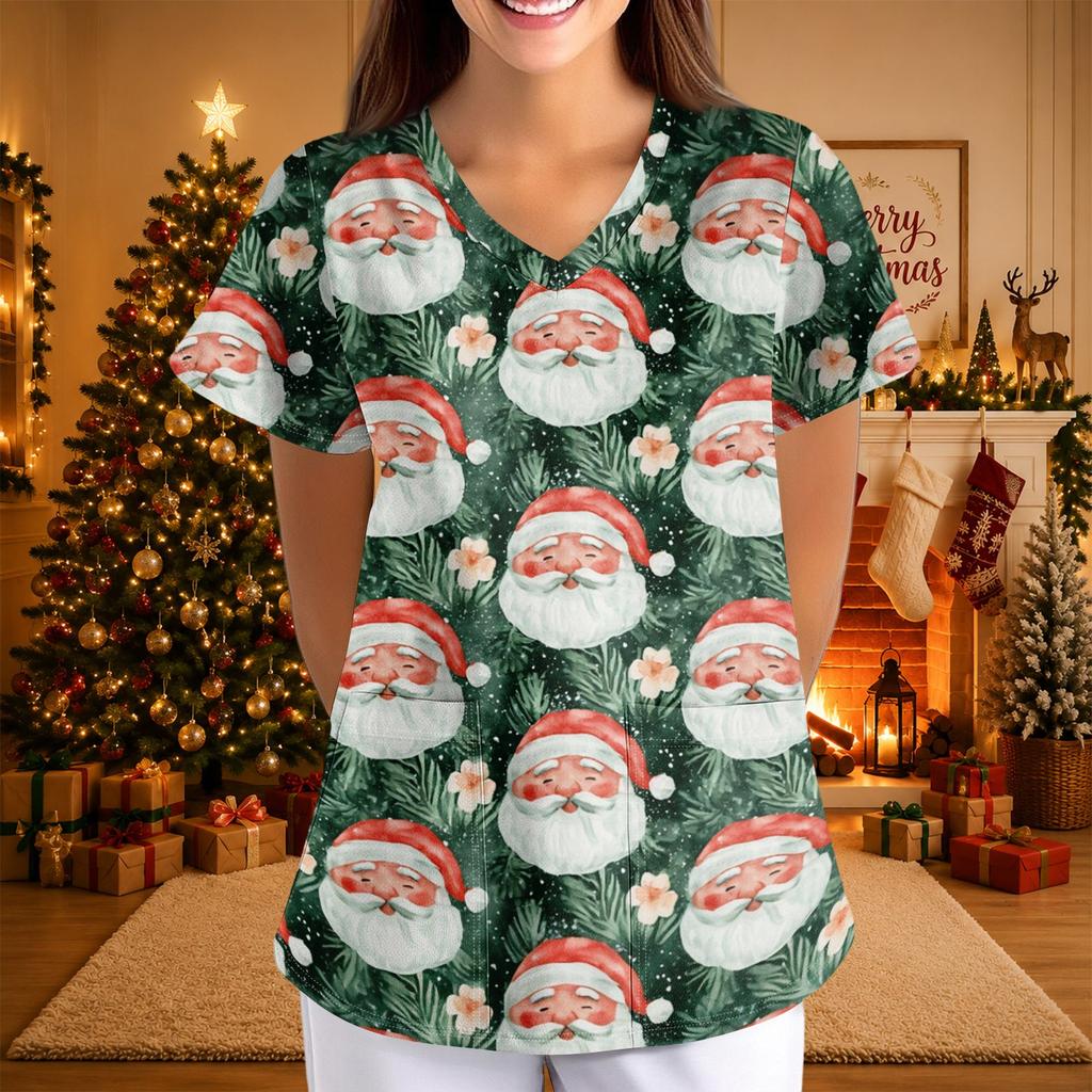 Women's Casual 3/4 Sleeve Neck Top with Christmas Print