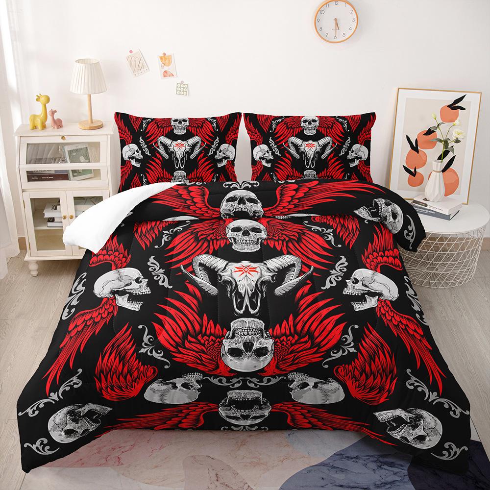 3D-Blumen-Schädelkopf-Bettwäsche-Set, Gothic-Horror-Daunen-Bettbezug, Kissenbezug, 2/3-teilig, Halloween, volle Größe, Heimtextilien, Herren-Bettbezug