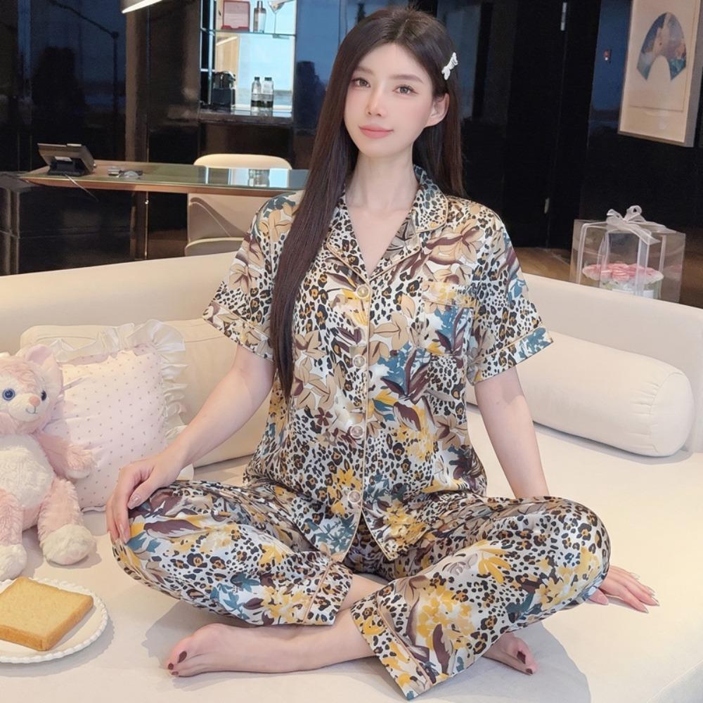 French Style Fashion Pajamas for Women, Short-Sleeve and Long Pants, Summer Thin Leopard Print Ice Silk Homewear Summer Set