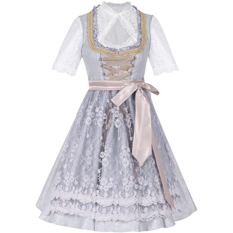 

Oktoberfest Costume Set Polyester Overalls Lace Top Cosplay Dress and Apron Set Halloween Party Outfit S серый