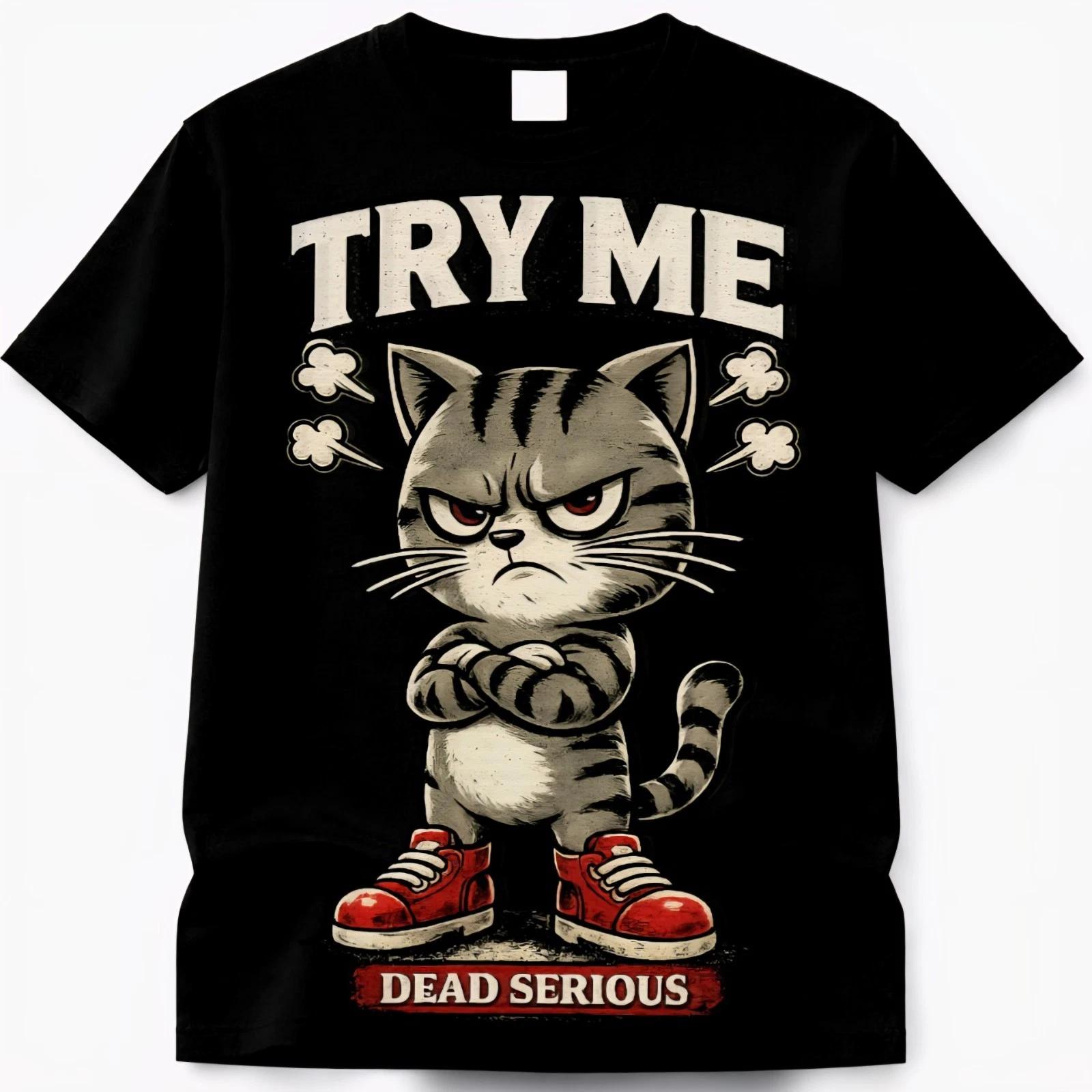 Try Me Angry Cat Graphic Tee Funny Cartoon Vintage Streetwear Shirt 2XL
