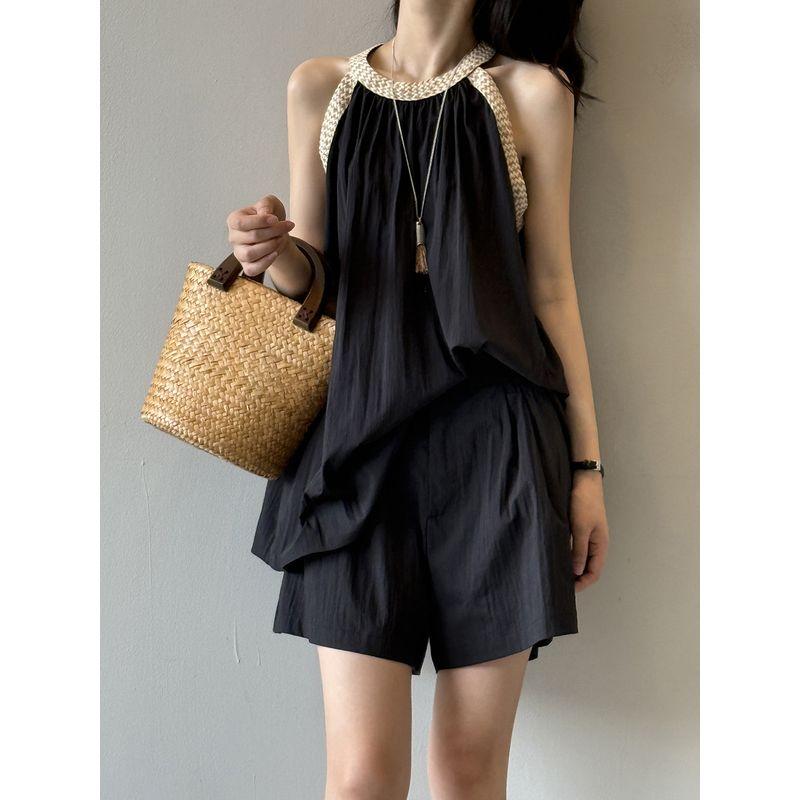 

Super Beautiful Shorts Set Women Summer Sleeveless Hanging Neck Cami High Waist Wide Leg Pants Casual Fashion Two-piece Set Black M