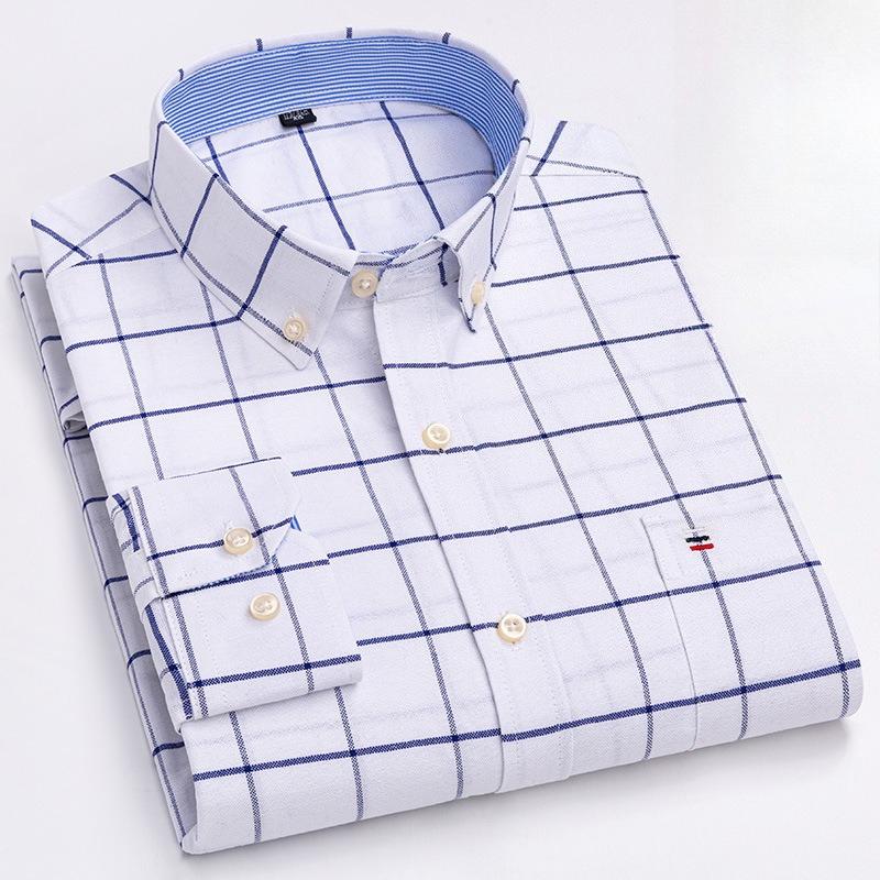Men's Oxford Long Sleeve Square Collar Soild Plaid Striped Summer Casual Shirts Single Pocket  Shirt