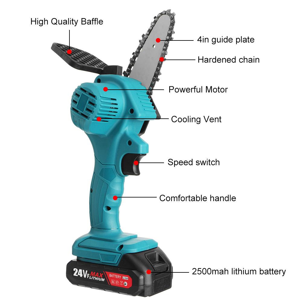 800W 24V Rechargeable Cordless Electric Chainsaw Woodworking Cutting w/Battery 4 Inch