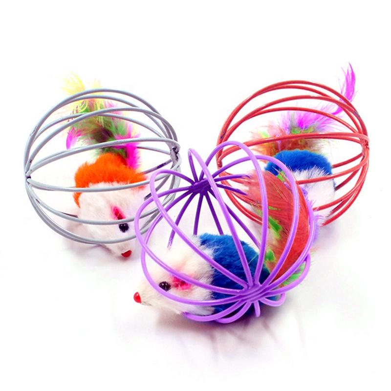Cat Toy Plush Mouse Metal Cage Interactive Exercise Feather Ball Fun Durable Kitty Play Toy Crinkle Sound Lifelike