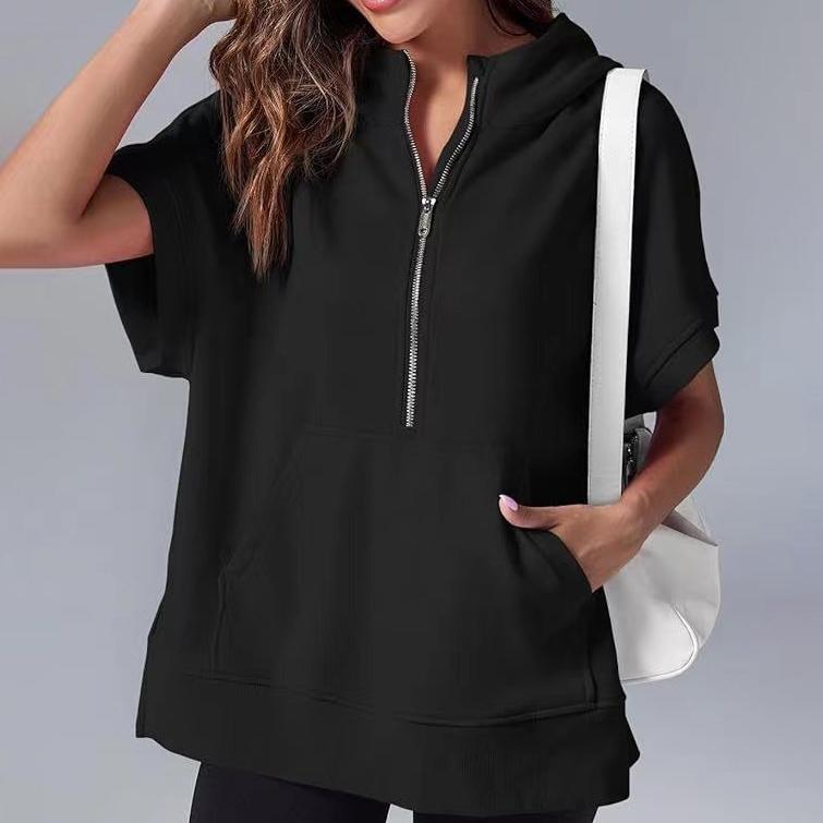 Ανοιξιάτικη Γυναικεία Μονόχρωμη Μόδα Casual Μπλούζα Φούτερ με Κουκούλα και Κοντό Μανίκι