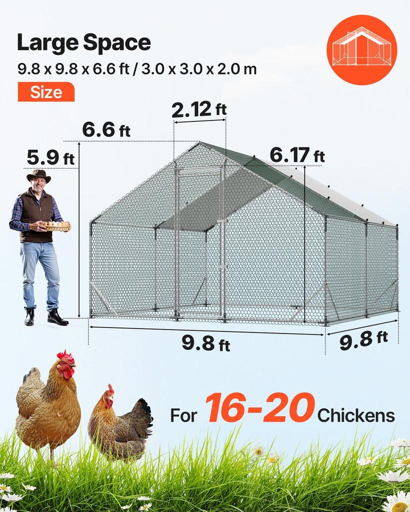 Large Metal Chicken Coop, 3 X 3 X 2 M, Walk-in Chicken Run House with Waterproof Cover and Sturdy Frame, Spire Roof Poultry Cage Duck Pen for Rabbit