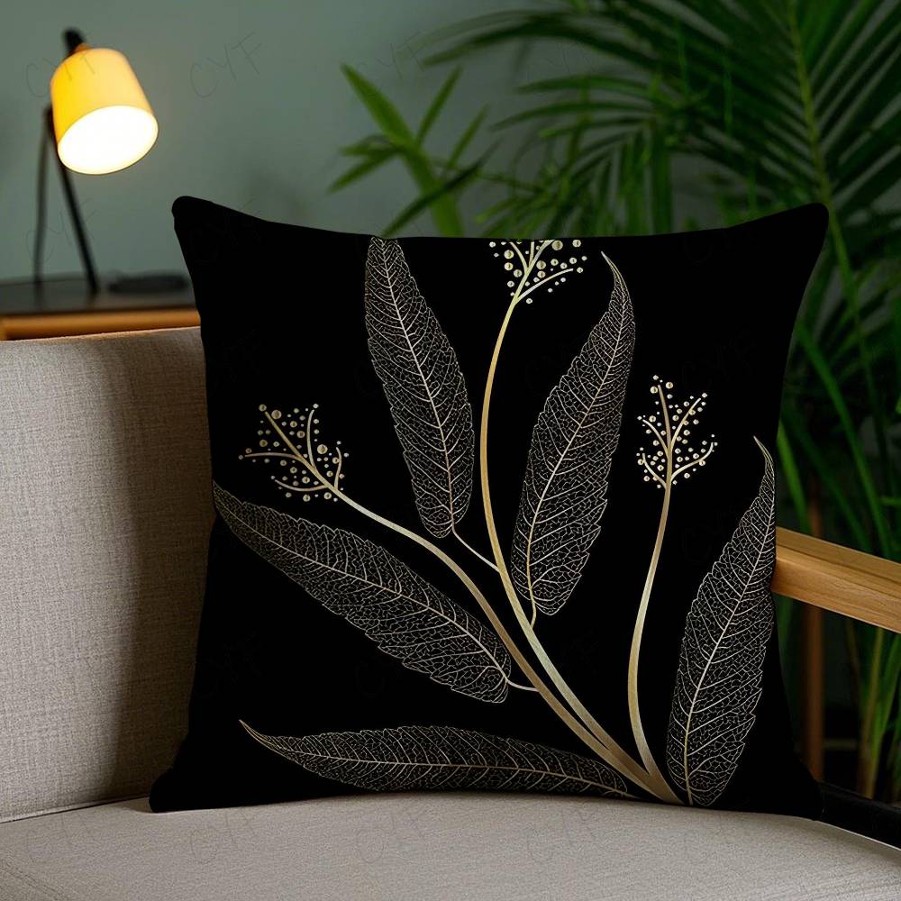 Kissenbezug mit goldenem Blatt- und Zweigmuster Milbendichter Kissenbezug Unsichtbarer Reißverschluss Seidiger Kurzplüsch Sofakissenbezug