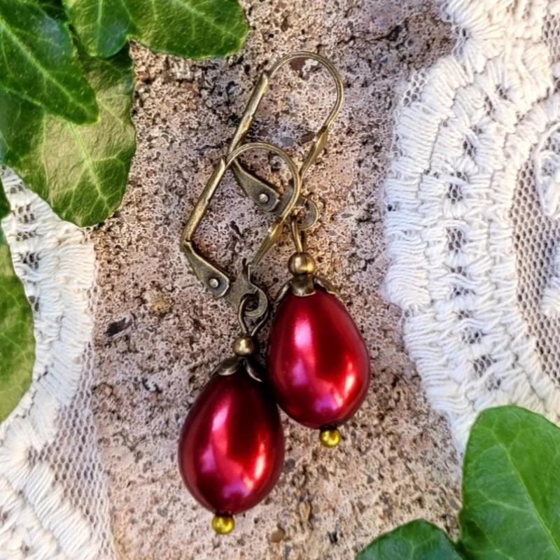 3 Pieces Vintage Floral Teardrop  Faux Zircon Metal Burgundy Color Antique Bronze Color Pendant Earrings Necklace Set