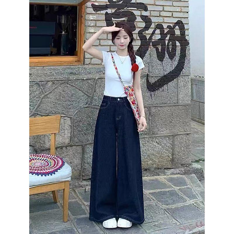 Small American Retro Denim Female 2025 Summer New Arrival Loose High Waist Slimming Straight Wide Leg Mop Pants