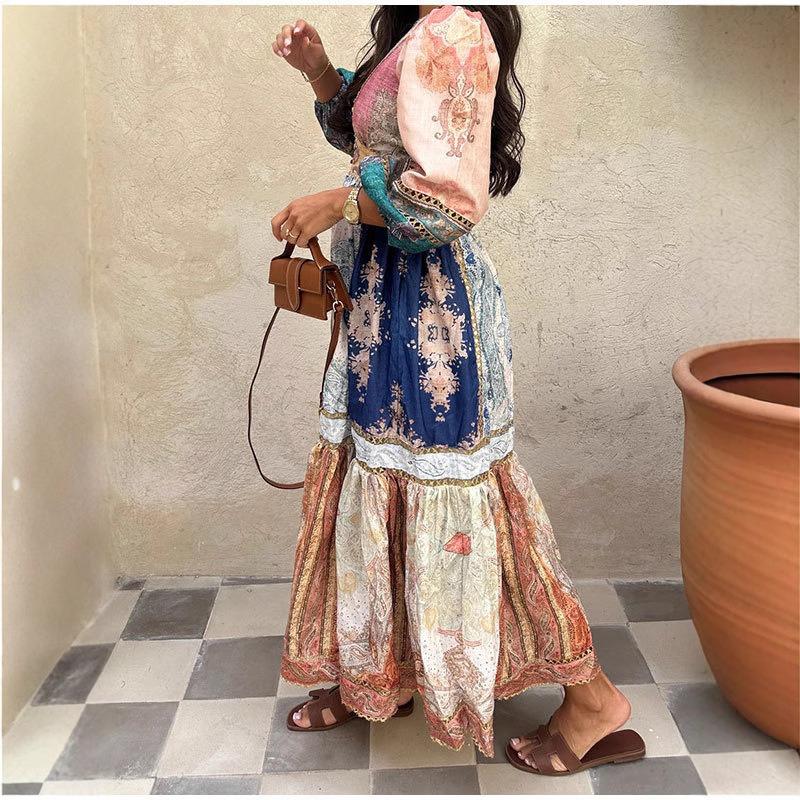 Women's Vintage Print Ethnic Style Long Puffed Sleeve Holiday Commuter Dress