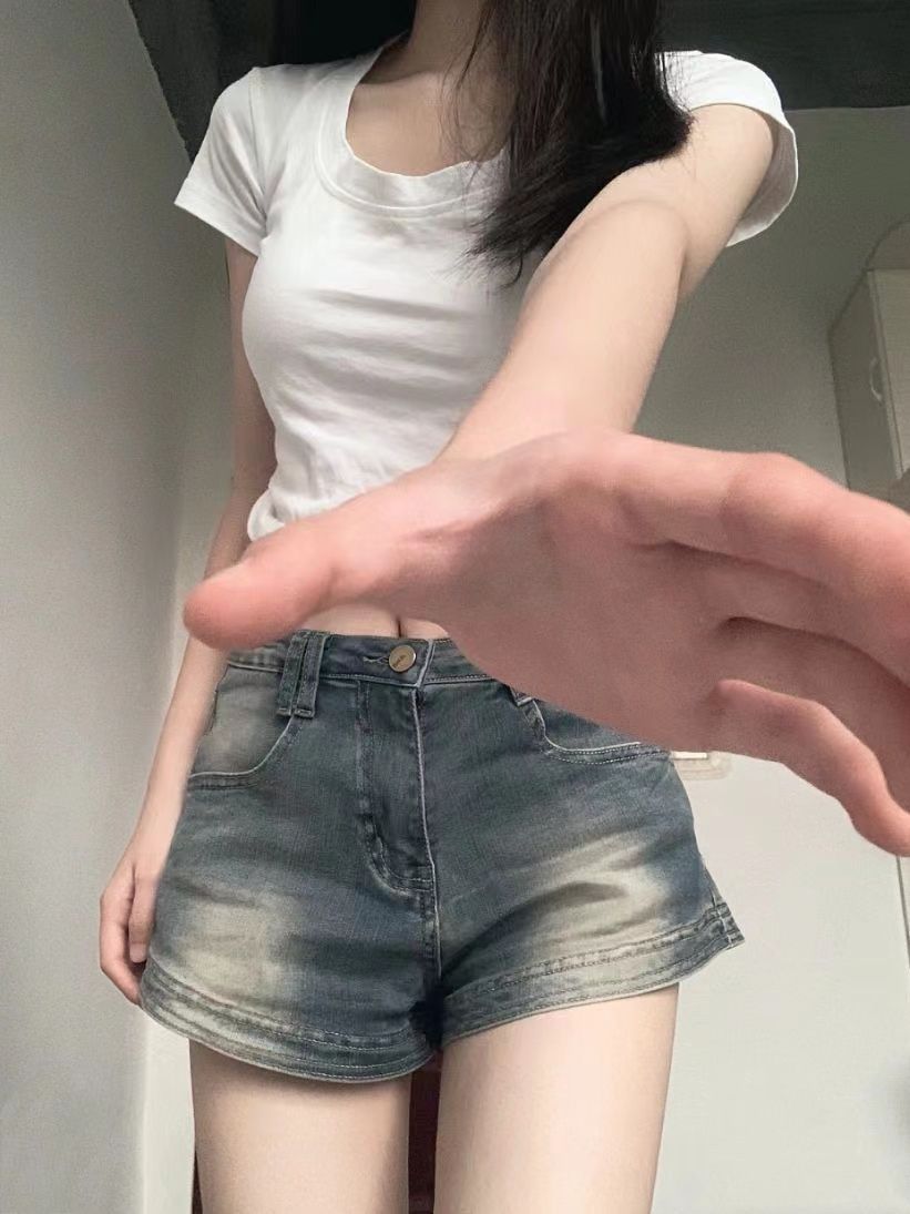 Women s High Waist Denim Shorts A Line Loose Fit Distressed Summer Hot Pants S синий