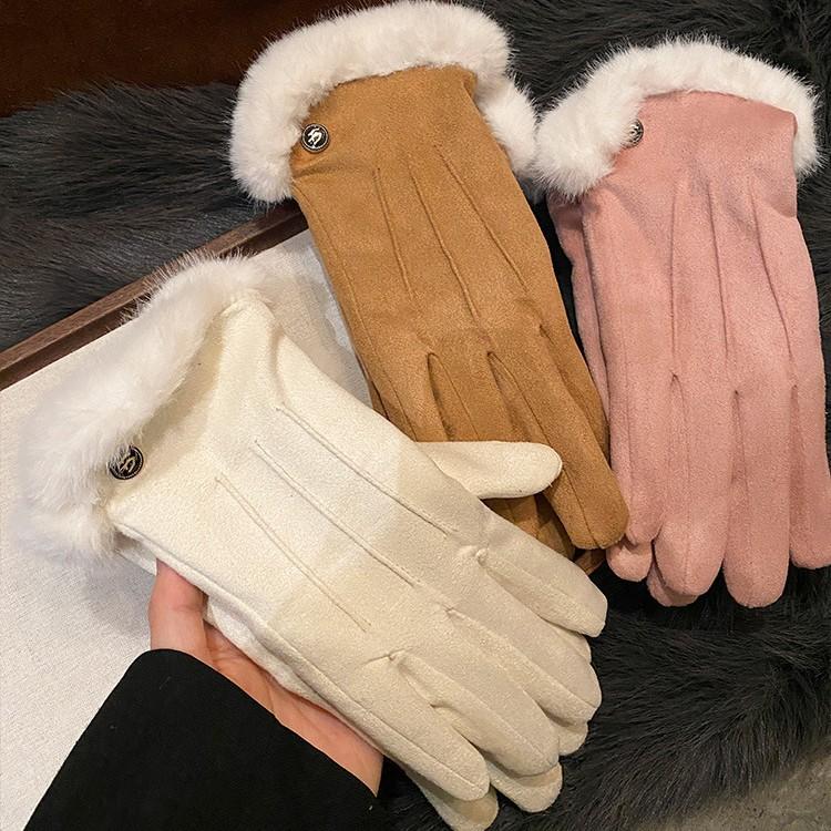 Suede Brown Plush Gloves for Women in Autumn and Winter Thickened and Velvet To Keep Warm and Cold Proof for Students To Ride Outdoors