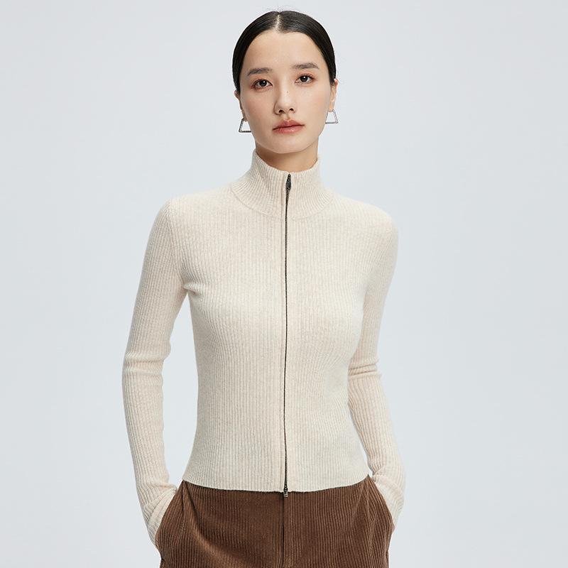 Women's Cashmere Zipper Cardigan: 2024 Autumn/Winter Slim Fit Ribbed Sweater