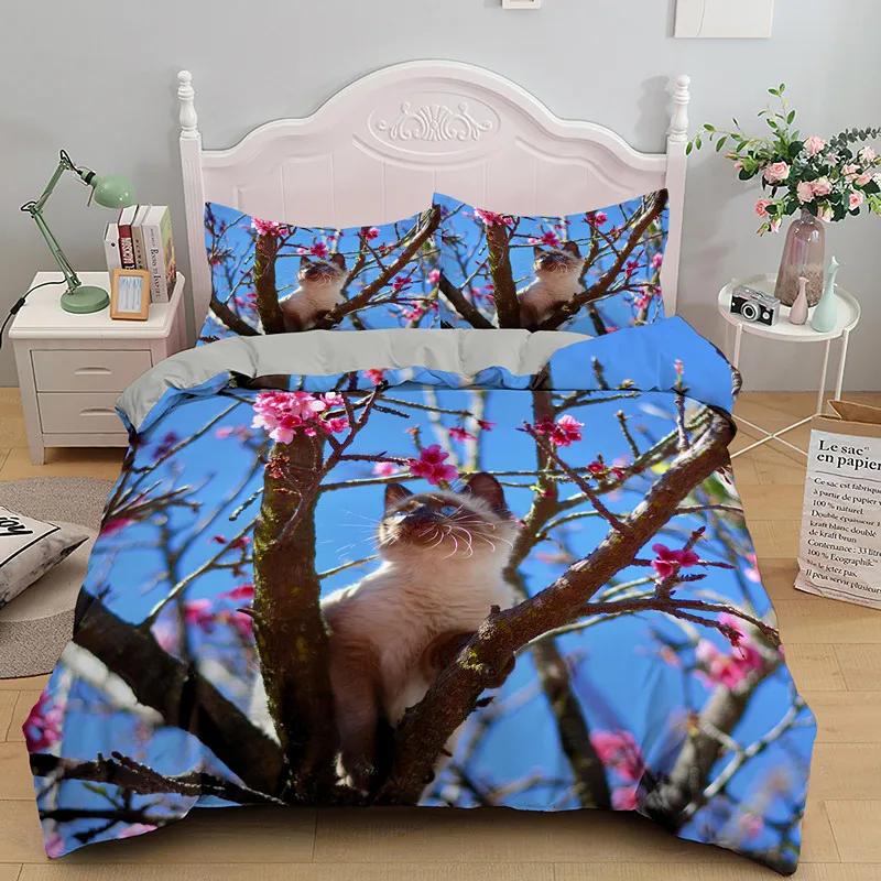 Cat Flowers King Queen Duvet Cover 3D Pet Kitty Floral Bedding Set Teens Adult Yellow Chrysanthemum 2/3pcs Polyester Quilt Cover