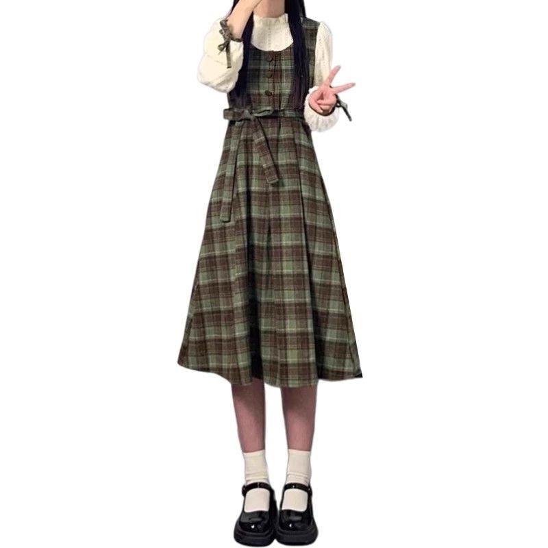 Green Plaid Puff Sleeve Waist-Cinched Two-Piece Patchwork Dress for Female Students - Slimming Long Dress for Spring and Autumn