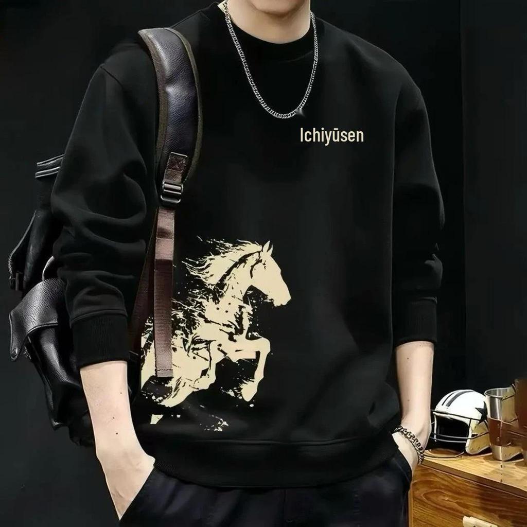 2026 Year of the Horse Stylish Warm Hoodie - Long Sleeve, Velvet, Round Neck, Premium Men's Top with Horse Print