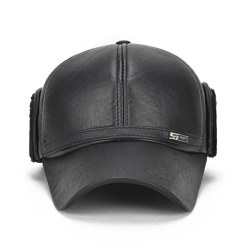 Luxury Winter Elderly Men Faux Leather Bomber Trapper Hat Cap For Outdoor Warmth