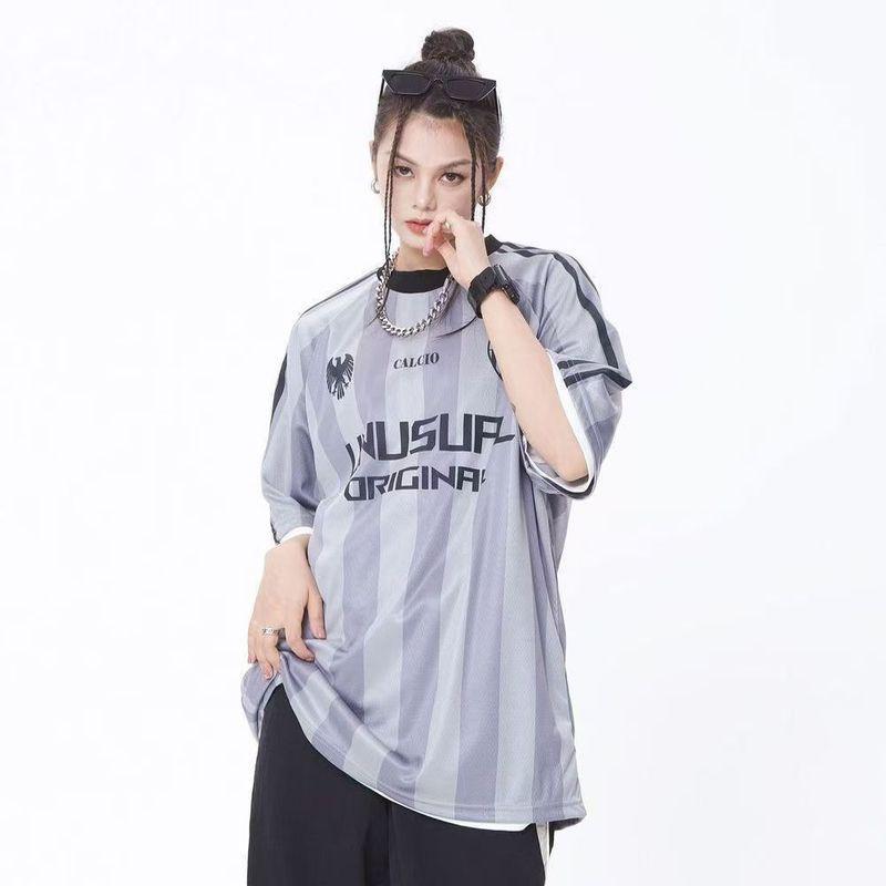 American hip-hop street style striped pink athletic jersey, loose casual sporty short-sleeved T-shirt for women.
