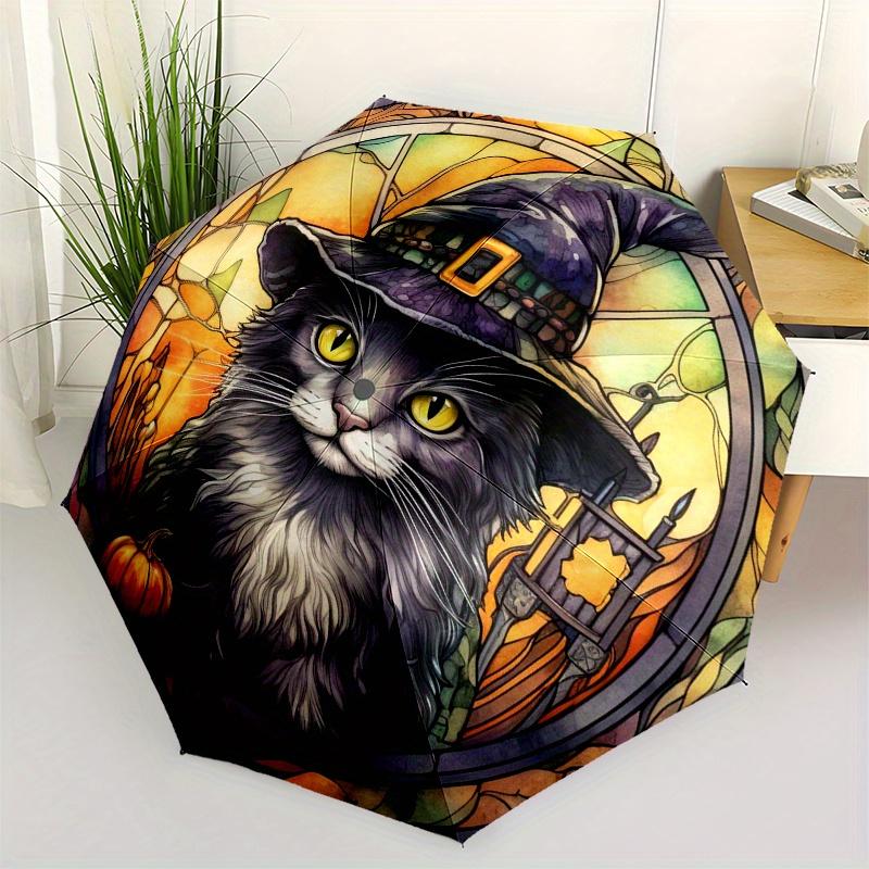 Halloween Witch Cat Stained Window DecalUmbrella, Portable 3-Fold Compact Umbrella,Christmas Gift ES462