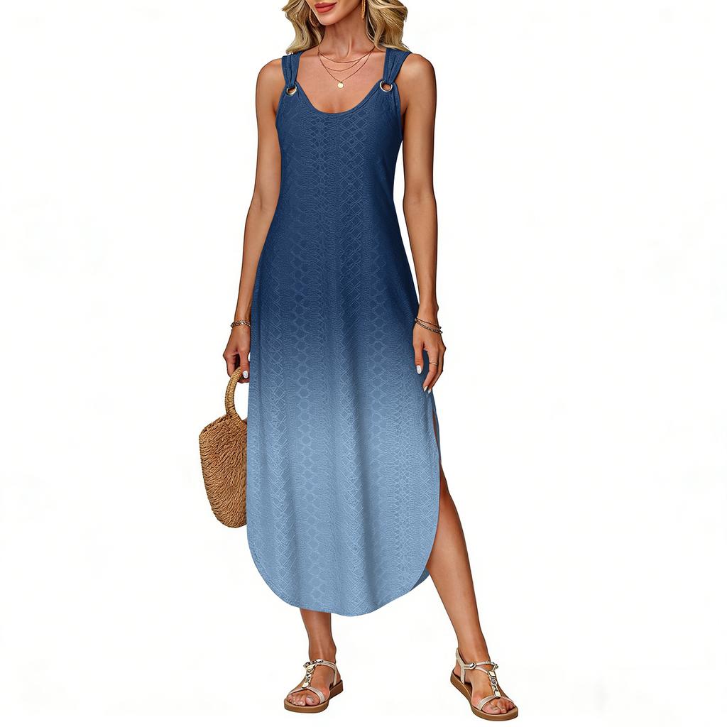 Women's summer long dress, sleeveless with side slits, long gradient vest dress
