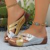 Euro-American Color-Block Leather Buckle Wedge Sandals - Summer 2026, Thick Sole, Large Size Beach Slippers