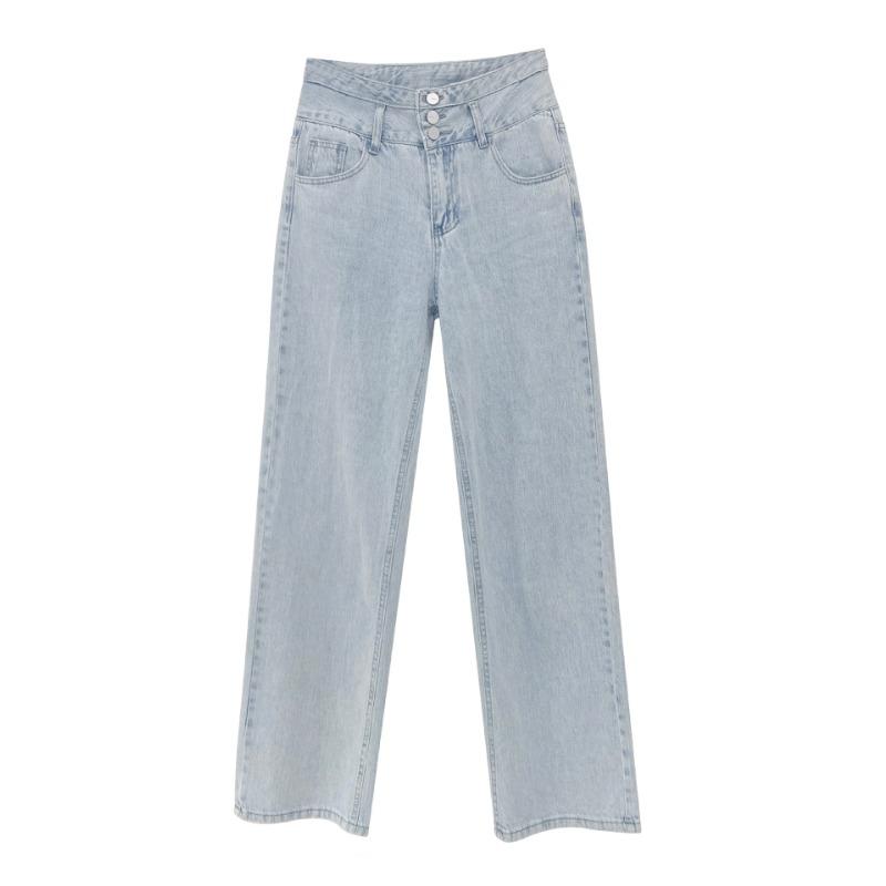 Button Vintage High Trousers Waisted Jeans For Women Drape Loose Straight Wide Leg Pant