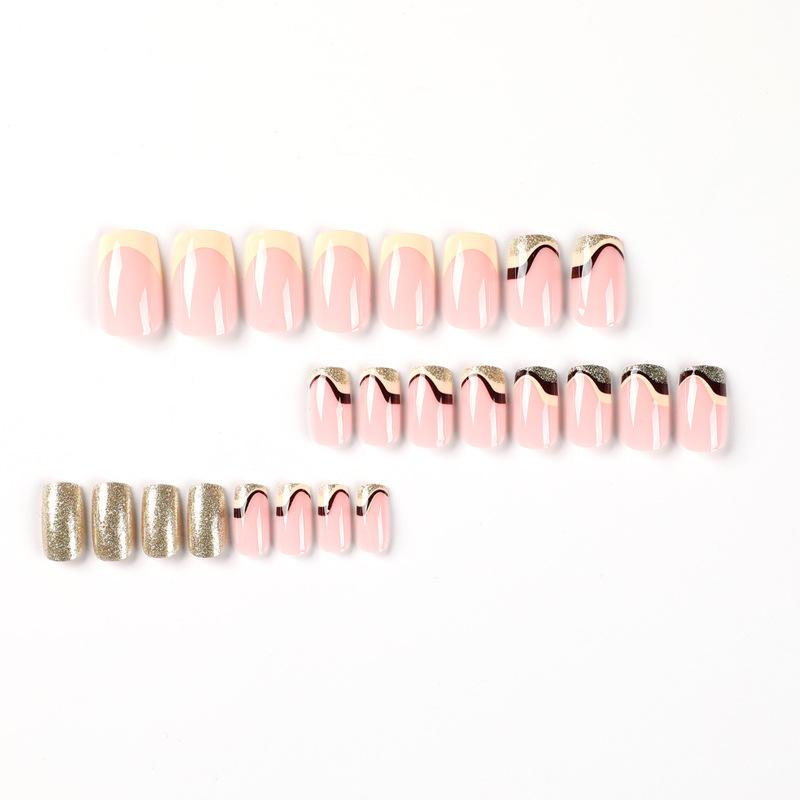 24Pcs/Set Quick Nails French Wave Gold Dust False Nials Sticker Wearable Waterproof Manicure Finished Nails