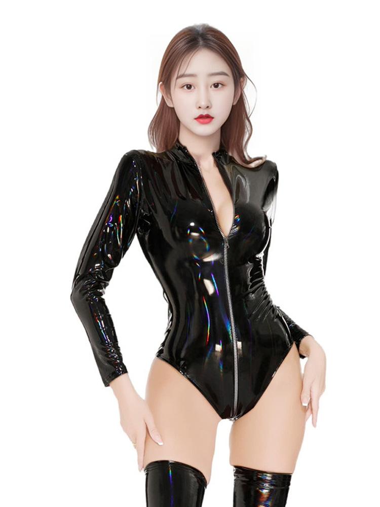 Sexy Damen PVC Glänzend Hoher Schnitt Body Bandage Leotard Tanzkleidung Langarm PU Latex Cosplay Dienstmädchen Eng Anliegender Catsuit