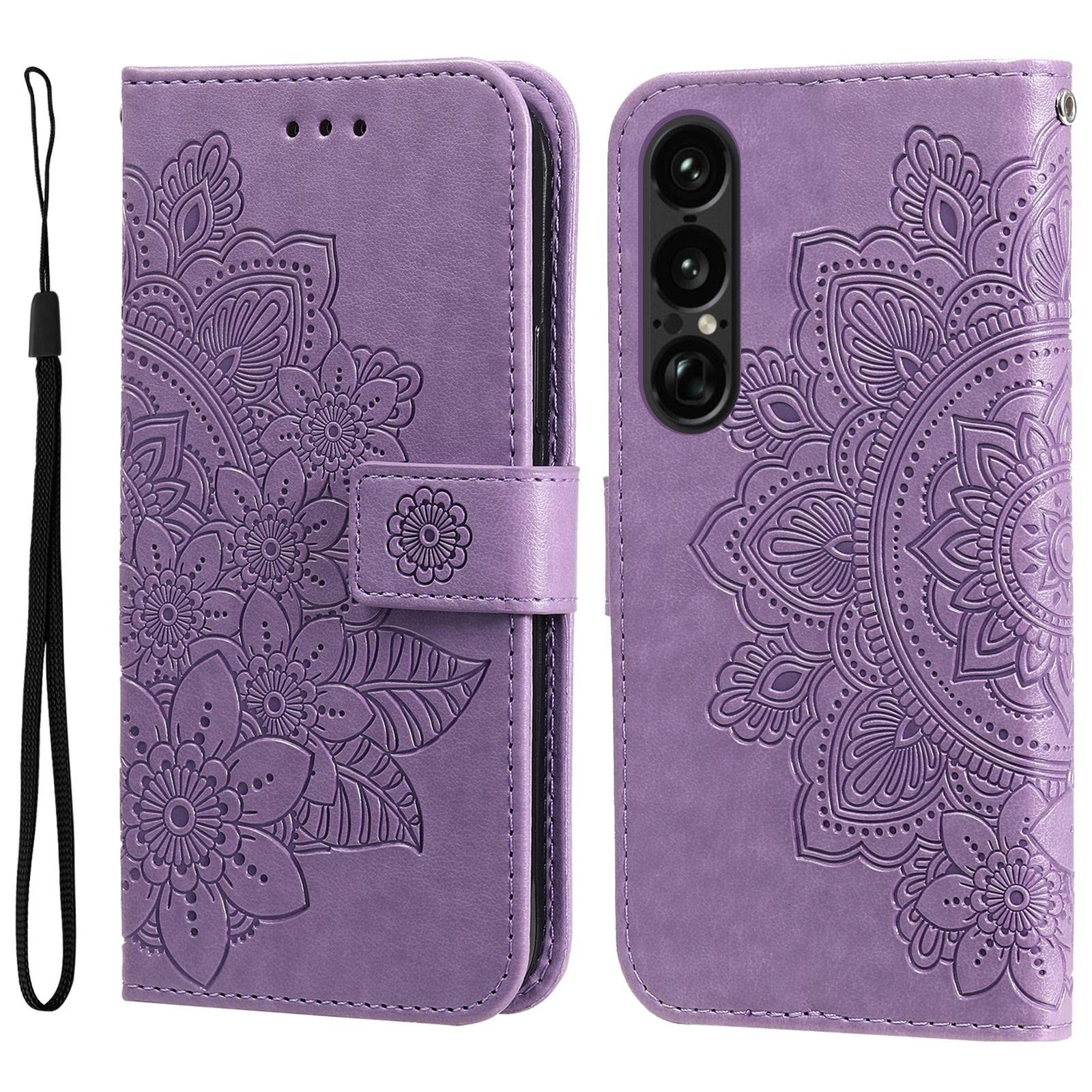 

For Sony Xperia 1 VII Case Floral Pattern PU Leather Wallet Stand Phone Cover Purple