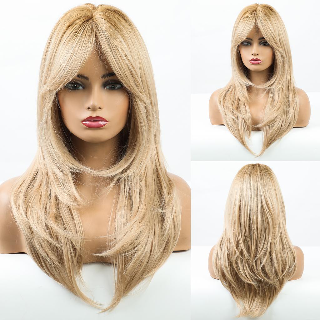 Synthetic Wigs Long Natural Wavy Wig Ombre Brown Golden Highlight Blonde Layered Hair with Side Bangs for Women Heat Resistant