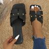 Women's Solid Color Large Size Rivet Slippers Casual Square Head Open Toe Flat Bottom Summer Shoes Lightweight
