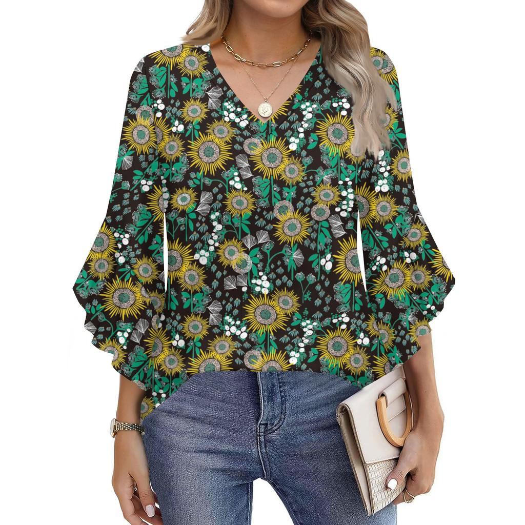 Blouses For Women Dressy Casual 3/4 Length Sleeve Womens Tops V Neck Tshirts Shirts With Flared Sleeve