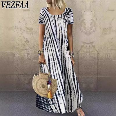 Moda Donna Estate Primavera Stampa Color Block Manica Corta Scollo Quadrato Vita Ampia Abiti Casual