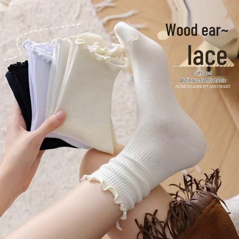 Calzini larghi da donna in pizzo bianco stile giapponese, con bordo arricciato a metà polpaccio, perfetti per primavera, estate e autunno – Alla moda e versatili.