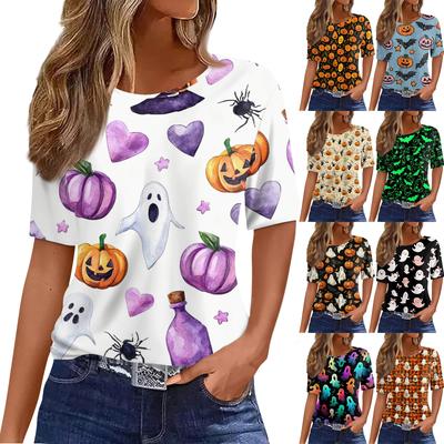 Women Casual Short Sleeve Halloween Pullover Top Crew Neck Loose Fit Soft Fabric Lightweight Tee for Everyday Wear