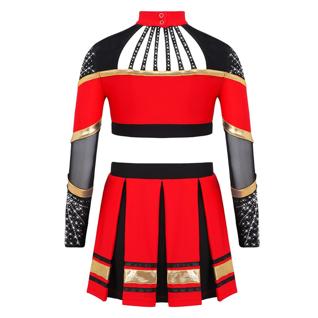 Bambina Ragazza Costume da Cheerleader 2 Pezzi Costume da Esibizione Manica Lunga Patchwork in Rete Trasparente Strass Color Block Crop Top con Gonna Pieghettata