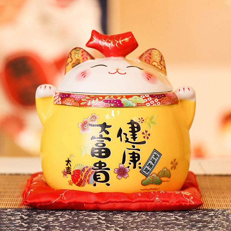 6 Inch Ceramic Maneki Neko Ornament Home Decoration Lucky Cat Figure Tabletop Candy Dish Cookie Canister Koi Fish Lid