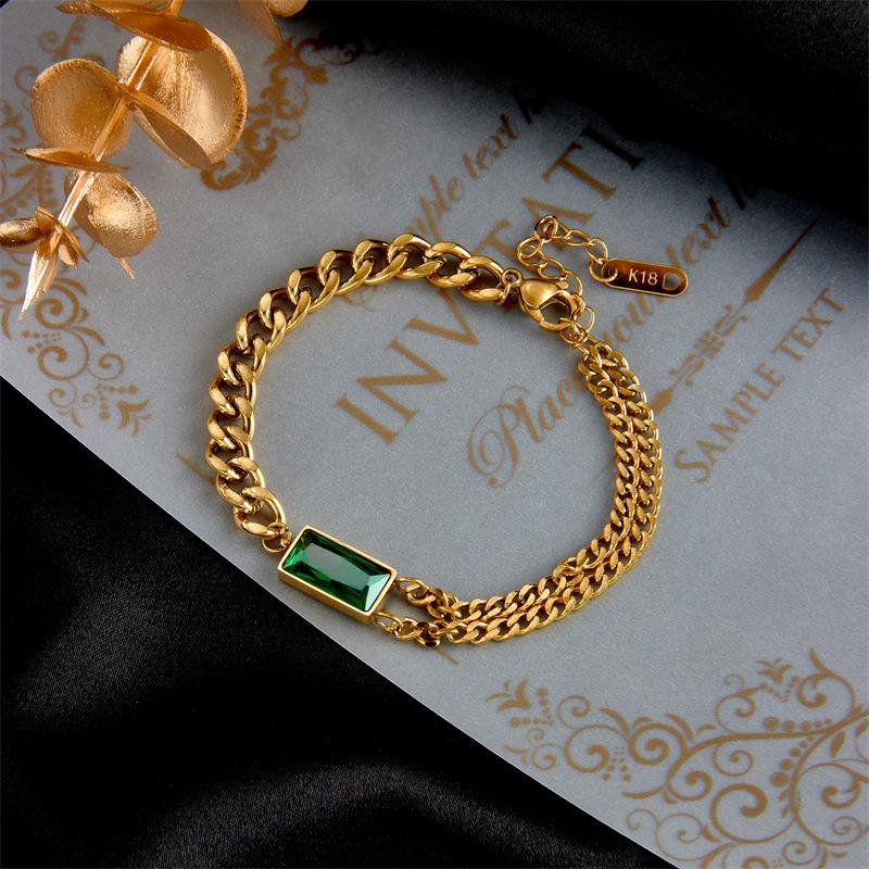18K Gold Plated Double Cuban Link Bracelet with Green Rectangle CZ, Dainty Cuban Chain Bracelet, Adjustable Punk Jewelry for Women Daily Wear Gift